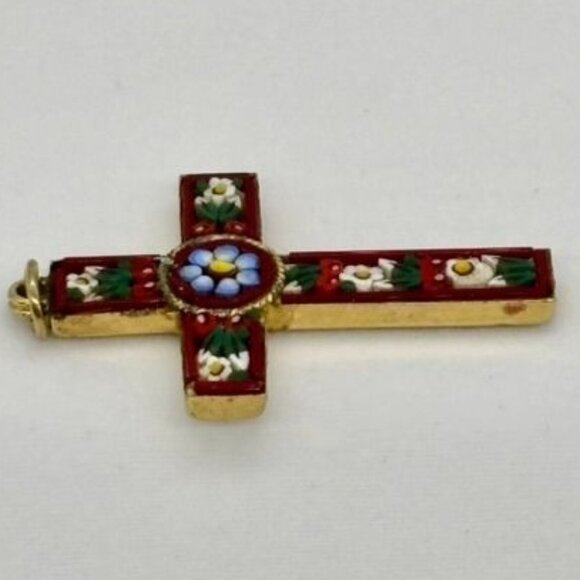 Vintage Italian Micro Mosaic Cross Gold-Tone Metal Red W/Blue White Green Marked - Picture 8 of 12
